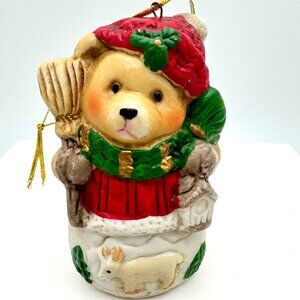 Vintage Bear Christmas Ornament With Red Hat & Sweater Green Scarf & Broom Featu